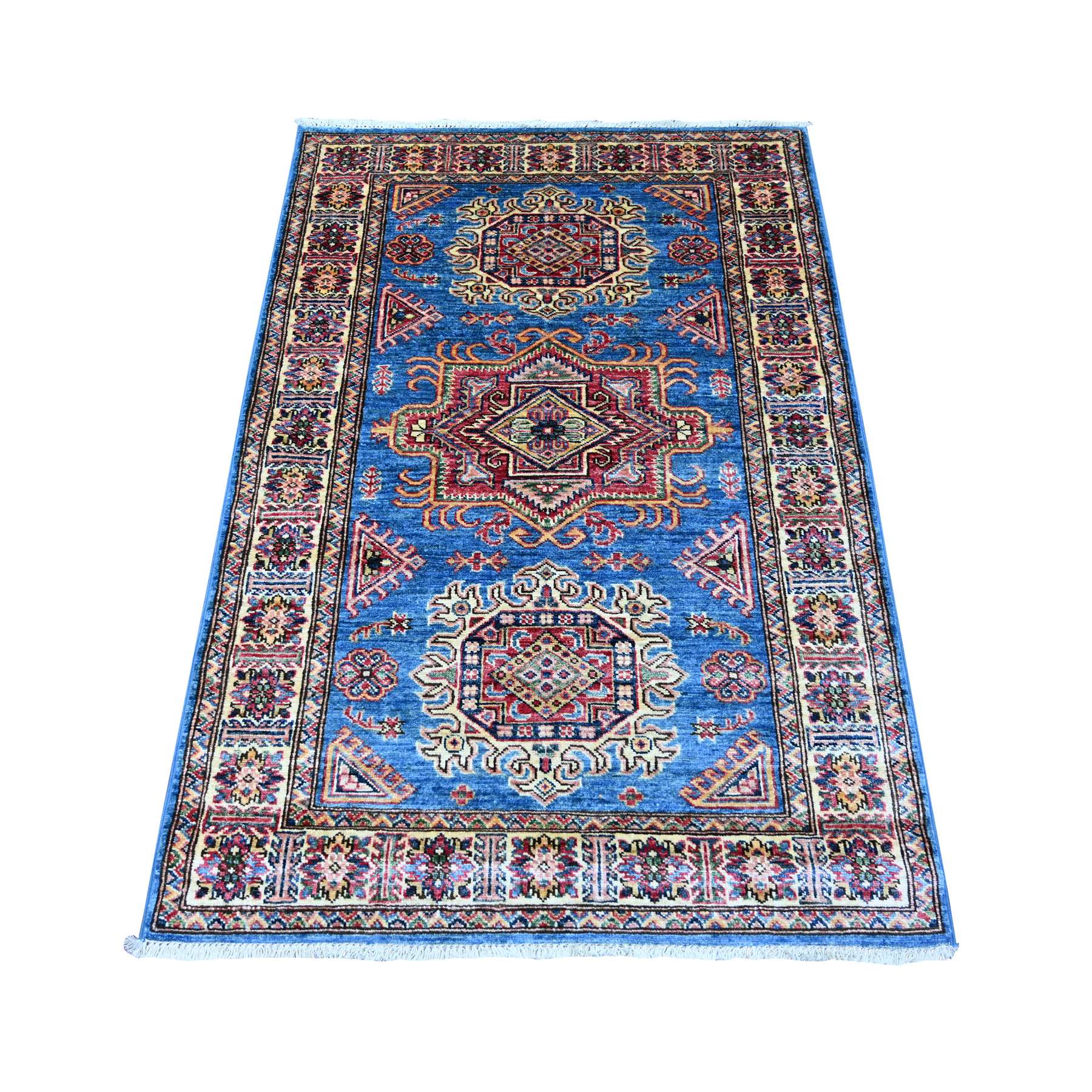 Bayern Blue, Afghan Super Kazak with Tribal Medallions Design, Hand Knotted, Soft and Shiny Wool, Vegetable Dyes, Oriental Rug